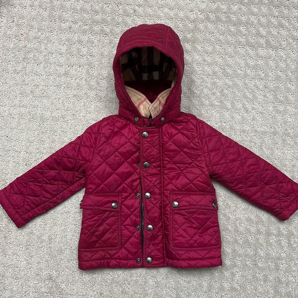 Burberry Children’s Burgundy Quilted Puffer Coat Signature Plaid 12mo